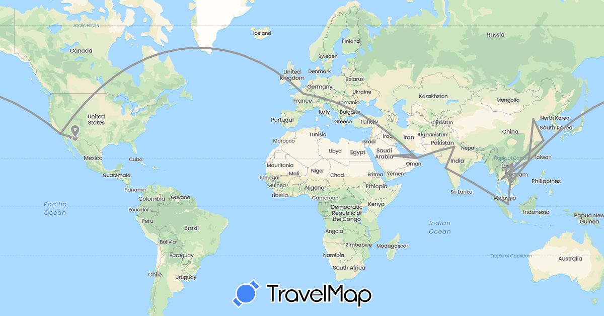 TravelMap itinerary: driving, plane in United Arab Emirates, China, France, India, Cambodia, Laos, Oman, Saudi Arabia, Singapore, Thailand, United States, Vietnam (Asia, Europe, North America)